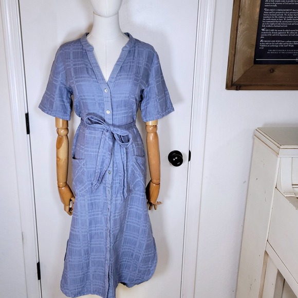 Soft Surroundings Linen Blend Blue Midi Dress Size Medium Boho Sundress - Picture 1 of 12
